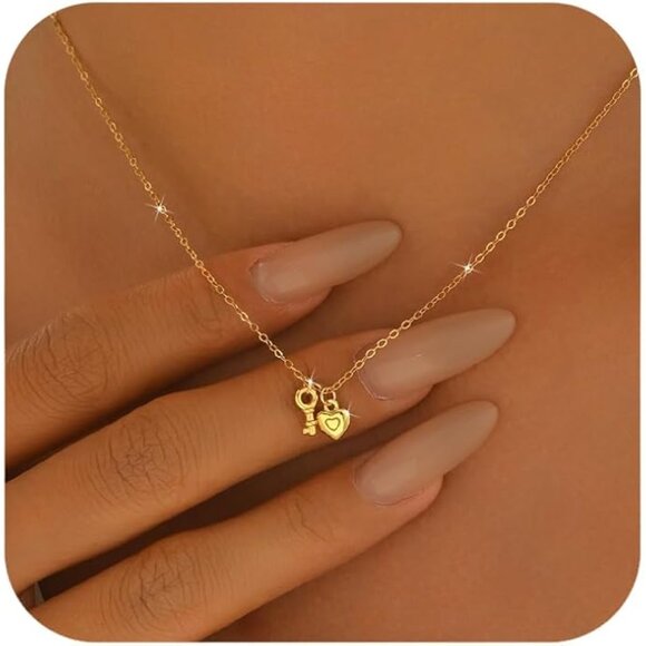 Heart Lock & Key Necklace 925 Sterling Silver Gold Plated Choker NWT - Picture 1 of 6